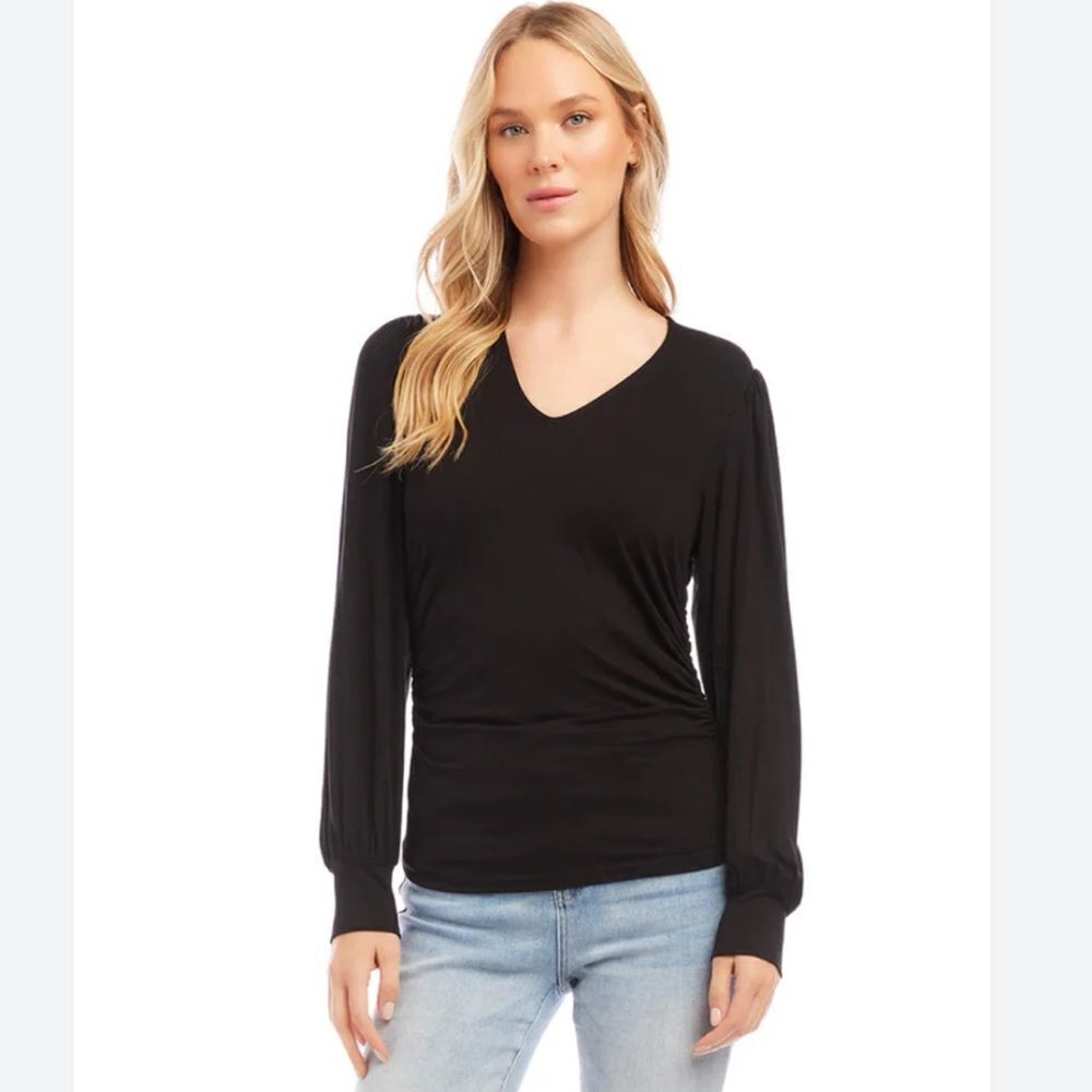 Karen Kane black long sleeve Shirred V-Neck Top- size medium- like new!